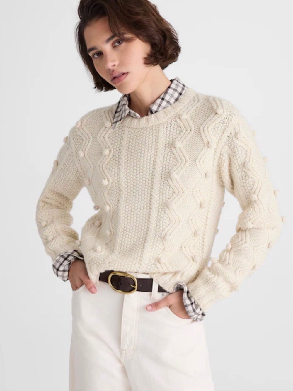 NWOT Madewell Mia Ivory Pom Cable-Knit Crewneck Cropped Sweater 100% Wool